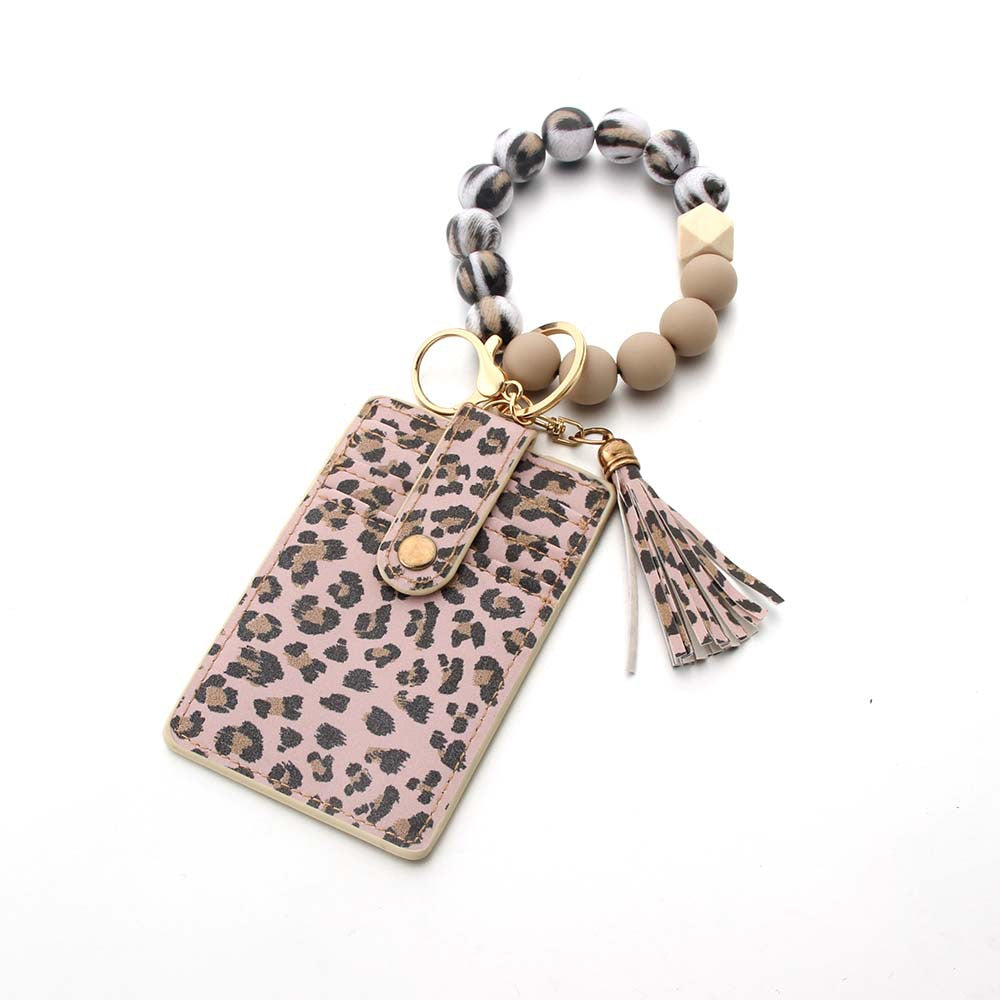 Wholesale Leopard Print Card Holder Silicone Beaded Wrist Keychain